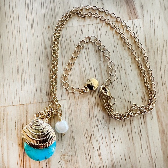 MAYAMAR Dipped 24K Gold Turquoise‎ Necklace Seashell Chain NWT Box RET $245 - Picture 9 of 10